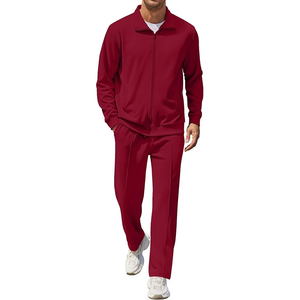 Ensemble de survêtement tricoté rouge pour homme, couleur unie, décontracté, automne, tissu polyester respirant, col montant - Product Image 2