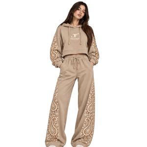 Beige Womens Paisley Print Crop Hoodie Wide Leg Pants Two Piece Tracksuit Casual Streetwear Loose Fit <b>Jogger</b> <b>Matching</b> Outfit <b>Set</b> - Product Image 1