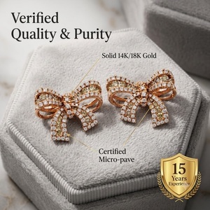 Pendientes de Lazo con Diamantes Blancos en Oro Rosa de 18K, Pendientes de Lazo con Diamantes Champagne, Joyería Personalizada OEM al por Mayor, MOQ 1 Pieza - Product Image 3