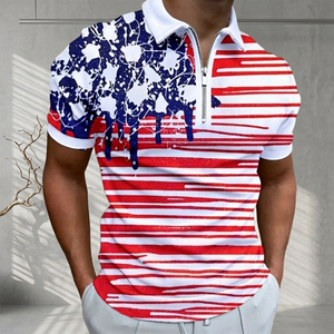 Polo de Manga Corta para Hombre, Rojo, Blanco y Azul, Estampado Digital, con Cierre, Informal, Transpirable, de Punto - Product Image 3