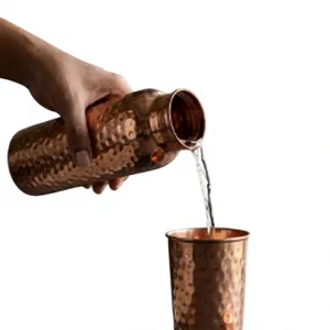 Deluxe Pure Copper Water <b>Bottle</b> With Hammered Eco Friendly Seamless Pure Copper Hydration <b>Flask</b> Set - Product Image 3