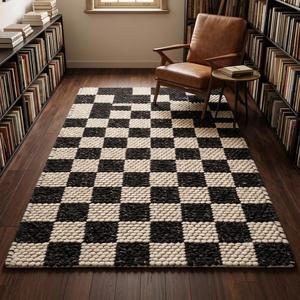 Handwoven Anti-Slip Medium Pile Wool <b>Rug</b>-<b>Black</b> <b>and</b> <b>Cream</b> Solid Color Modern Loop Pile Area <b>Rug</b> with Cotton Canvas Backing - Product Image 3