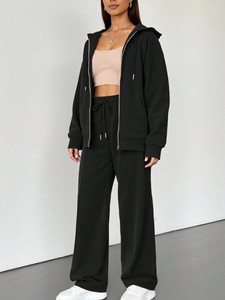 <b>Women's</b> Oversized Hooded <b>Zip</b>-Up Sweatshirt Solid <b>Black</b> <b>Hoodies</b> Knitted Long Sleeve Custom Logo Fleece Tracksuit Pleated Pants - Product Image 4