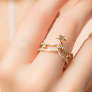 Yellow Gold Plated Cocktail <b>Ring</b> With <b>Crystal</b> Star Pendant Trendy Women's Jewelry - Product Image 2