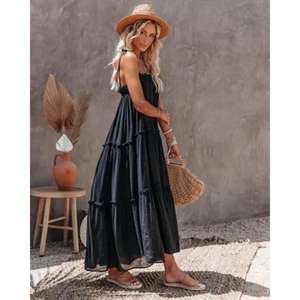 Robe longue décontractée pour femme, 100 % coton respirant, coupe régulière, épaules dénudées, tie-dye, idéale pour l'été – Grande Vente - Product Image 3