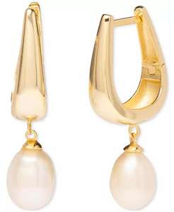 Orecchini a cerchio ovali in argento Sterling placcato oro 18k | Machy's Charm con perla d'acqua dolce coltivata barocca (7x9mm) - Product Image 1