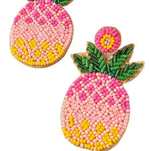 Pendientes y joyería para la oreja con diseño de piña hechos a mano y personalizables, de color rosa y verde, con cuentas de semillas, precio al por mayor, de la India. - Product Image 1
