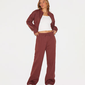 Ensemble de survêtement couleur marron en gros, coupe ample à manches longues, taille à cordon, tenue décontractée d'automne avec poches latérales - Product Image 1