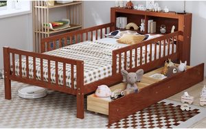 เตียงแฝดไม้แข็งสองชั้นลิ้นชักใต้เตียงสามด้านความปลอดภัยชั้นเก็บของดีไซน์แบบดั้งเดิม - Product Image 5