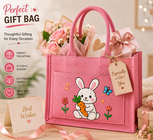Pink Cartoon Bunny Jute Tote <b>Bag</b> With Carrot Pattern Zipper Closure Handheld Shopping <b>Bag</b> <b>Medium</b> Size - Product Image 4