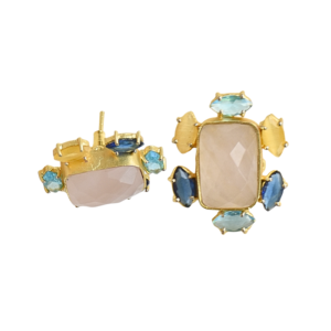 Boucles d'oreilles clous en quartz rose plaqué or 18 carats, laiton, pierres précieuses vintage, vente en gros - Product Image 4
