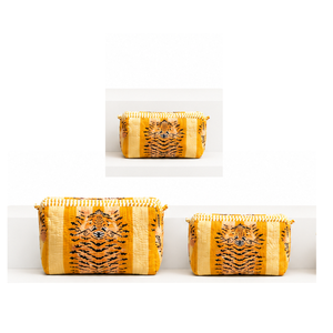 Export Quality Jaipur Hand <b>Crafted</b> Block Print Quilted Cotton Travel Tiger Design Organizer Pouch Set of 3 Cosmetic Storage Gift - Product Image 1