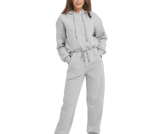 Conjunto Deportivo de 2 Piezas para Mujer, Estilo Hip Hop, Sudadera con Capucha y Pantalones, Gris Sólido, Felpa, Informal, Regular, Transpirable, para Uso Diario en Otoño - Product Image 1