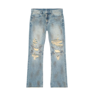 Jeans en coton de haute qualité, style streetwear américain Y2K, déchirés, avec patchs, taille mi-haute, coupe évasée hip-hop, bleu délavé, pour hommes - Product Image 1