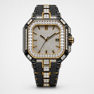 Reloj de lujo con diamantes para hombre, caja cuadrada de oro amarillo, correa de acero inoxidable, indicador de fecha analógico de cuarzo - Product Image 2