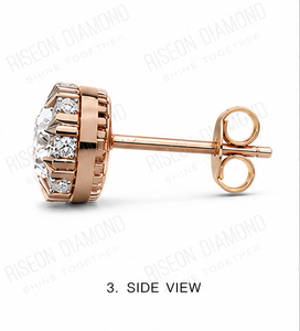 Elegant floral inspired halo diamond stud earrings in 18K <b>rose</b> gold with round center stone and petal accent diamonds for sparkl - Product Image 6