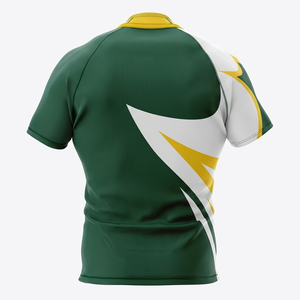 เสื้อรักบี้ผู้ชายสั่งทำพิเศษ สีเขียว ขาว เหลือง พิมพ์ลายแบบซับลิเมชั่น แขนสั้น ทรงปกติ ระบายเหงื่อได้ดี พร้อมโลโก้สั่งทำ - Product Image 5