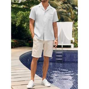 Camisa de moda ODM para hombre 100% algodón Waffle botón abajo estilo chino manga corta suelta ajuste liso Tops para playa de verano - Product Image 2