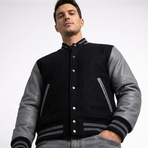 Custom Men's <b>Waterproof</b> Varsity <b>Jacket</b> Black Melton Wool <b>Grey</b> Genuine Cowhide Leather Sleeves Letterman Baseball Bomber Front - Product Image 2
