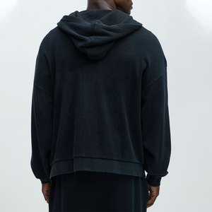 Sweat-shirt à capuche zippé pour homme de qualité supérieure en coton côtelé, décontracté, couleur unie, avec poche, coupe classique, en maille gaufrée, pour l'automne - Product Image 2