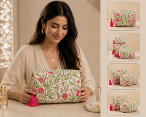 Quilted Cotton Zipper Cosmetic Bag Floral Block Print Bohemian Eco-Friendly <b>Makeup</b> Pouch Travel Organizer for <b>Case</b> Tassel - Product Image 2