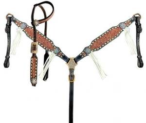 Ensemble de bride et de collier de poitrail en cuir occidental fait main de haute qualité avec incrustation drapeau américain, réglable pour l'équitation (tailles personnalisées) - Product Image 3