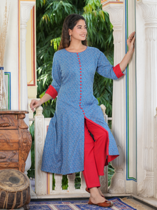 Womens Blue Rayon Geometric Printed A Line Kurta With Round Neck <b>Three</b> Fourth Sleeves Designed For Global Ethnic Casual Wear - Product Image 2