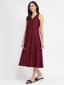 Vestido midi sin mangas con cuello en V, línea A, color sólido, ajuste holgado, informal, de poliéster tejido, vestido elegante para mujer. - Product Image 3