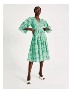 100% coton semi-transparent imprimé manches 3/4 coupe régulière col en V imprimé all-over cravate à la taille robe portefeuille - Product Image 6