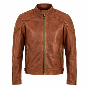 Custom <b>Men's</b> Brown Leather Jacket <b>Winter</b> <b>Waterproof</b> Cotton Lined Zipper Moto Biker <b>Coat</b> - Product Image 2