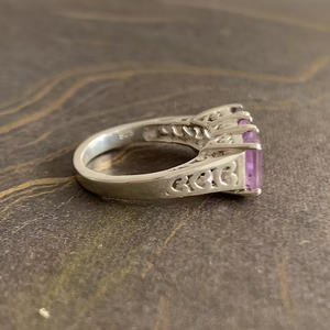 Handmade Three-Amethyst <b>Emerald</b> Gemstone Cut <b>Ring</b> 925 Sterling <b>Silver</b> Prong Setting Unique Jewelry - Product Image 3