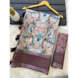 CRÉATEUR COTON IMPRIMÉ NUMÉRIQUE IMPRIMÉ FLORAL SÉQUENCE TRAVAIL SAREE AVEC CHEMISIER NON COUDU BLANC CASSÉ - Product Image 1