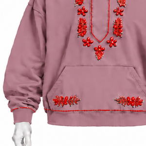 Sweat à capuche rose poudré brodé Indus, broderie florale traditionnelle, poche kangourou, coupe oversize, streetwear décontracté - Product Image 5