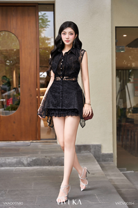 Women's <b>Black</b> <b>Sheer</b> Floral Lace Sleeveless <b>Shirt</b> Pointed Satin Collar Button Down Long Blouse Sexy Chic Summer Top SONYA - Product Image 2