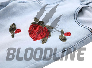 Jean en denim noir coupe droite pour homme BLOODLINE, décontracté, taille mi-haute, en coton, broderie florale, style automne - Product Image 5
