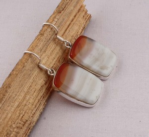 Pendientes de Ágata Natural con Banda, Plata de Ley 925, Rectangulares, con Piedras Preciosas, Hechos a Mano, Estilo Boho, Venta al Por Mayor - Product Image 2