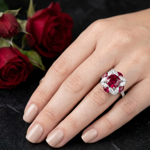 Solid 18K White Gold Genuine Cushion Cut Red Ruby and Diamond Floral Cluster Halo Statement Ring with Marquise Accents for Women - Product Image 2
