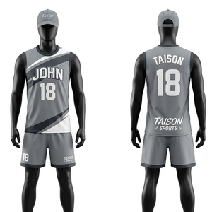 Premium 180 GSM Polyester Volleyball Uniform Grey <b>White</b> Sleeveless <b>Panel</b> Design Sublimation Custom Logo Set - Product Image 1
