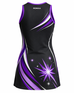 Vestido de Netball Personalizado para Mujer, Sublimado, Negro, Morado, Lila y Blanco, Sin Mangas, Cuello en V, Uniforme de Equipo con Panel de Posicionamiento - Product Image 6