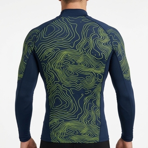 Men <b>Long</b> <b>Sleeve</b> <b>Compression</b> <b>Shirt</b> Navy Green Contour Graphic Mock Neck Gym Fitness Running Training Sportswear Base Layer - Product Image 2