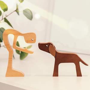 Sculpture en bois naturel représentant une mère nourrissante, un enfant ludique et un lien profond entre chien et animal, œuvre d'art décorative touchante - Product Image 2