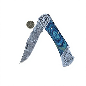 Cuchillo Plegable de Acero Damasco de Grado Industrial BA Enterprises BA-034-F, Hoja de Punta Caída, Mango de Madera, Cuchillo de Bolsillo de Borde Recto - Product Image 1