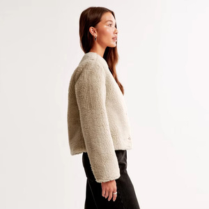 Women's Faux Fur Sherpa <b>Jacket</b> O-Neck Single Breasted Button Closure Full Sleeve Winter Short Coat Thick Fleece Material - Product Image 3