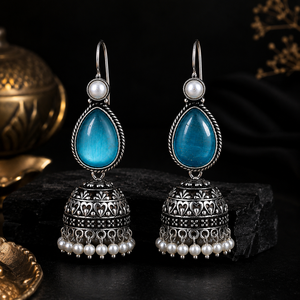Pendientes Jhumka de Plata Oxidada Azul con Forma de Lágrima, Hechos a Mano, con Perlas, Estilo Étnico Indio Bohemio, para Mujer, Venta al por Mayor - Product Image 3