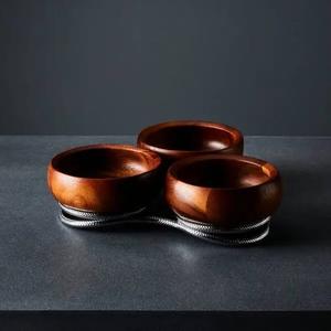 Ensemble de 3 bols de service en bois faits à la main avec support métallique décoratif, vaisselle rustique pour collations, salades, fruits - Product Image 5