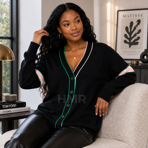 HMR Sisterhood Sorority Acrylic <b>Plus</b> <b>Size</b> Knit <b>Cardigan</b> Sweater Jacquard Printed Silk Embroidered <b>Black</b> <b>Cardigan</b> - Product Image 3