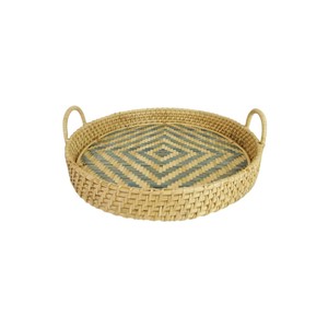 Eco-Friendly Handwoven <b>Round</b> Rattan Serving <b>Tray</b> with Handles Geometric Pattern Wicker <b>Tray</b> for Coffee <b>Table</b> Decor - Product Image 1