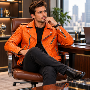 Men’s Ostrich Leather <b>Biker</b> <b>Jacket</b> Orange Embossed Motorcycle <b>Jacket</b> Asymmetrical Zip Belted Moto <b>Jacket</b>/Luxury Outerwear - Product Image 3