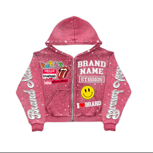 ชุดฮู้ดดี้ผ้าคอตตอนแท้ 100% พิมพ์ลายตามสั่งแบบ OEM พร้อมชุดวอร์มประดับเพชร กางเกงจ็อกเกอร์แบบทำสีซีดสไตล์วินเทจ - Product Image 5