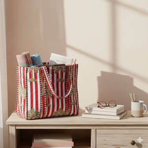 Sac fourre-tout en toile rayé rouge et blanc avec palmiers brodés, style bohème, ouverture supérieure, doubles poignées, sac de shopping toutes saisons - Product Image 1